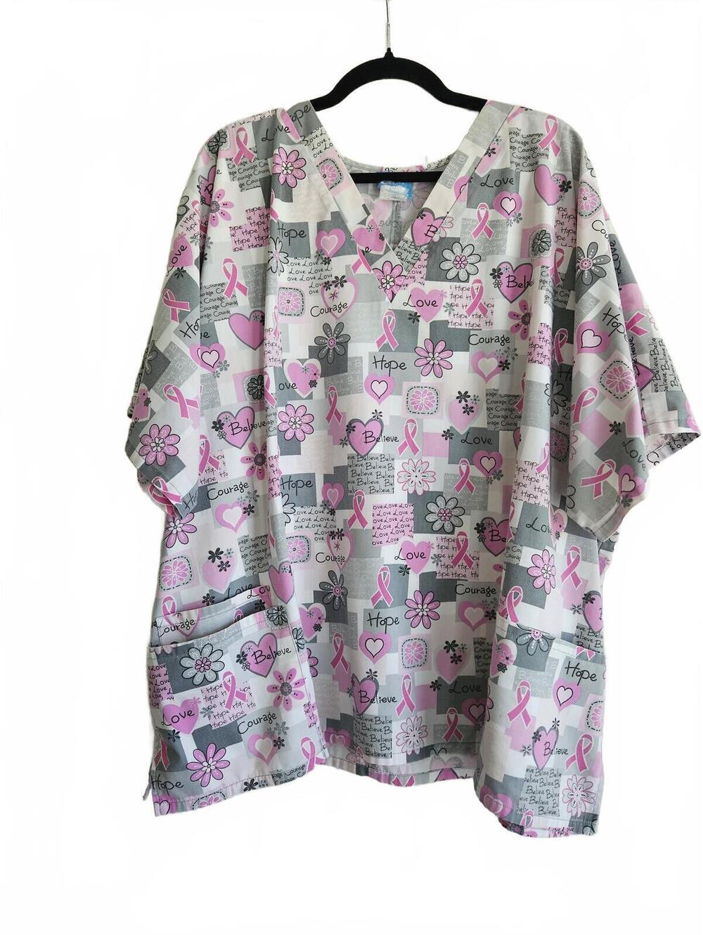 Scrub HQ Pink Ribbon Breast Cancer Awareness Medical Scrub Top Size 4XL